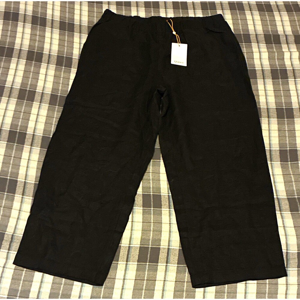 NWT Quince Black Linen Drawstring Elastic Waist Pants Baggy Straight Ankle Boho